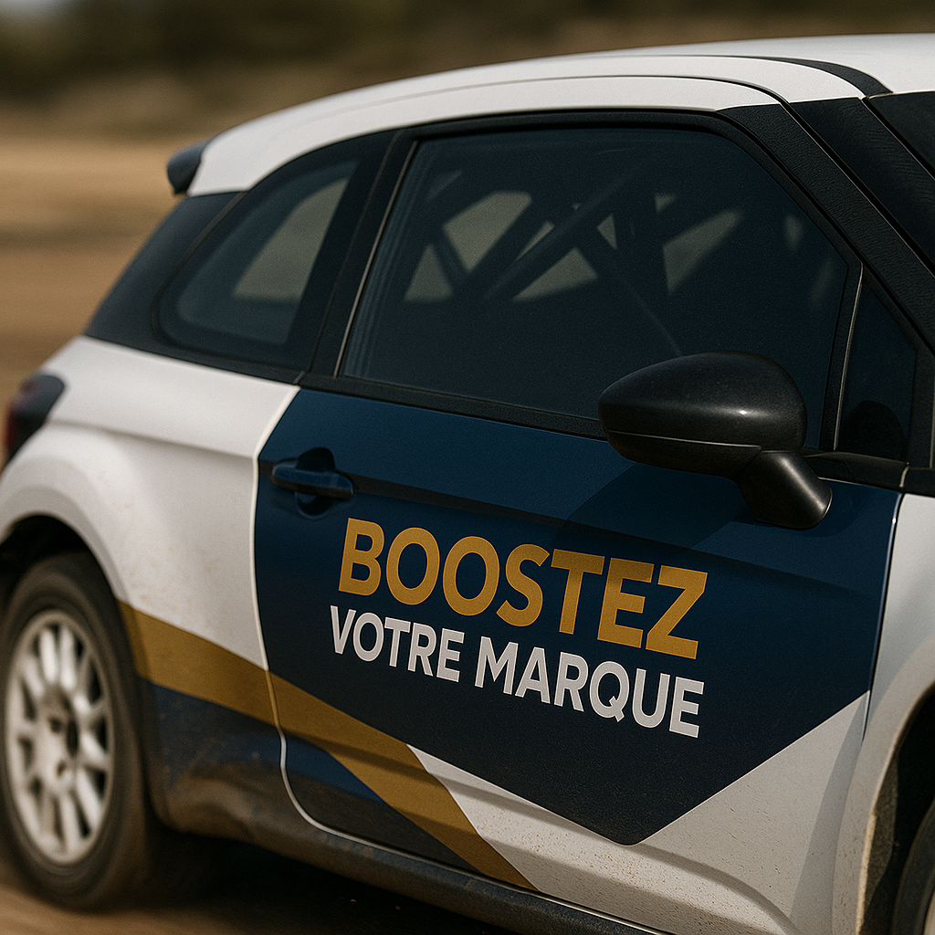 Popup Rejoins l'aventure - Image générée par IA (Chat GPT) . Cette image représente une voiture Citroën DS3 avec un sticker sur la portière gauche ou il est écrit "Boostez votre marque".