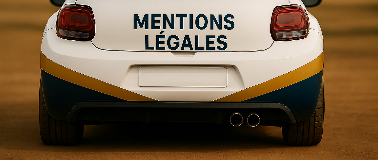 Mentions Légales - Image générée par IA (Chat GPT) . Cette image représente une voiture Citroën DS3 avec un sticker sur le coffre ou il est écrit "mentions Légales".