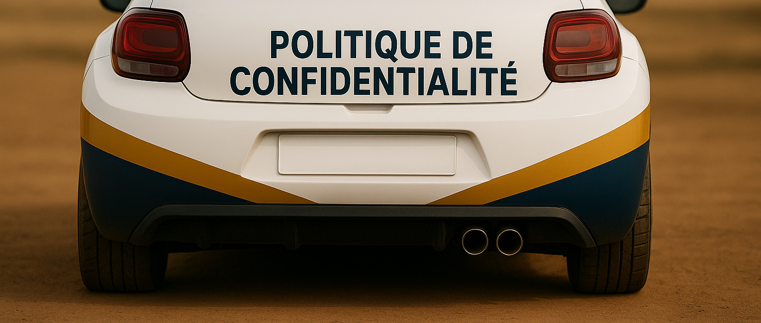 Politique de confidentialité - Image générée par IA (Chat GPT) . Cette image représente une voiture Citroën DS3 avec un sticker sur le coffre ou il est écrit "Politique de confidentialité".